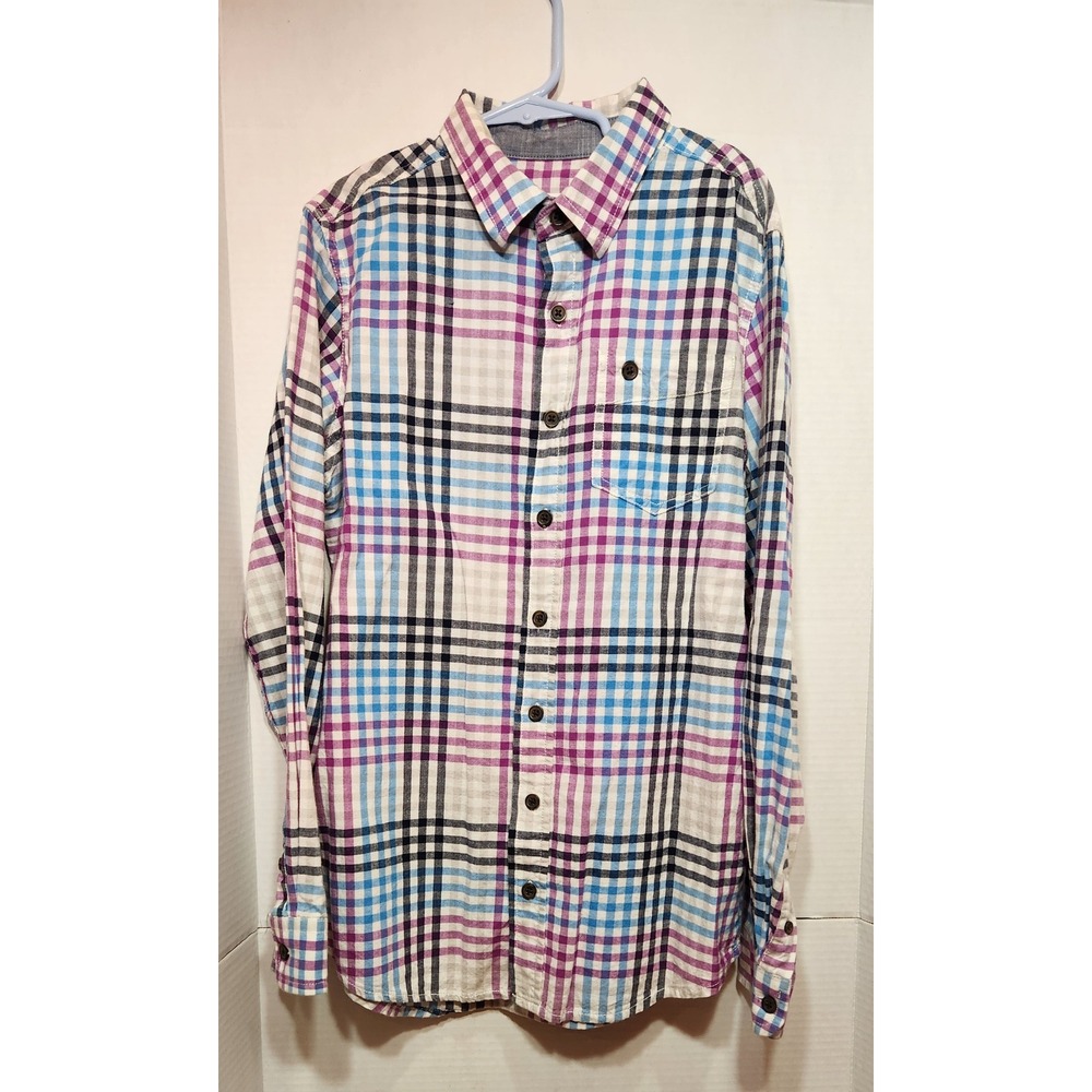 Cat & Jack Boys Plaid Button Down Shirt Purple Blue White Long Sleeve Size 12/14